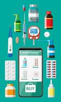 mobil telefon med internet apotek handla app. uppsättning av piller läkemedel. medicinsk bistånd, hjälp, Stöd uppkopplad. hälsa vård Ansökan på smartphone. vektor illustration i platt stil