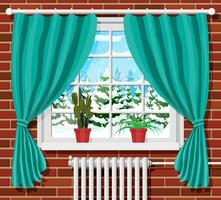 Winter Fenster mit Grün Vorhänge, Aussicht von das Zimmer. Zuhause Pflanze auf das Schwelle. warm gemütlich Innere. Weihnachten Landschaft, Hügel, Schnee, Fichte Wald und fallen Schnee. Karikatur eben Vektor Illustration.