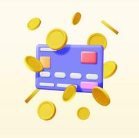 3d Bank Karte im Geld im Luft. machen Anerkennung Karte mit Chip und Gold Münze. Geschäft Finanzen, online Einkaufen und Banken. bargeldlos Zahlung. finanziell Transaktionen, Geld überweisen. Vektor Illustration