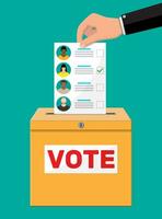 Abstimmung Box und dokumentieren mit Kandidaten. Hand mit Wahl Rechnung. Abstimmung Papier mit Gesichter. Vektor Illustration im eben Stil