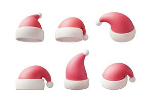 3d rot Santa claus Hut einstellen isoliert. machen Sammlung von Hut mit Pelz und Bommel. glücklich Neu Jahr Dekoration. fröhlich Weihnachten Kleider Urlaub. Neu Jahr und Weihnachten Feier. Vektor Illustration