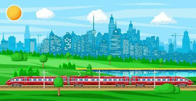 hög hastighet tåg och sommar landskap med stadsbild. super strömlinjeformat tåg. passagerare uttrycka järnväg lokomotiv. järnväg offentlig transport. snabb transport begrepp. platt vektor illustration