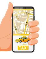 Hand halten Smartphone mit Taxi Anwendung auf Bildschirm. Taxi Auto isoliert auf Weiß Hintergrund. Buchung Taxi online Konzept. Taxi App oder Service. Gelb Auto und Smartphone. eben Vektor Illustration