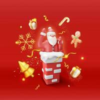 3d Santa claus mit Tasche mit Geschenke im Haus Kamin Banner. machen Karikatur Santa stecken im Rohr. fröhlich Weihnachten Vorabend Urlaub. Neu Jahr und Weihnachten Feier. realistisch Vektor Illustration