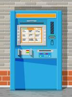 Bank Geldautomat auf Straße. automatisch Erzähler Maschine. Programm elektronisch Gerät zum Zahlungen und abheben Kasse von Plastik Karte. wirtschaftlich, Bank und Finanzen Industrie. Vektor Illustration im eben Stil