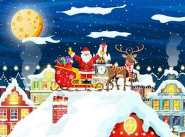 Weihnachten Santa claus Schlitten mit Geschenke Kisten mit Bögen auf Dach. Urlaub die Geschenke im Schlitten. glücklich Neu Jahr Dekoration. fröhlich Weihnachten Urlaub. Neu Jahr und Weihnachten Feier. eben Vektor Illustration