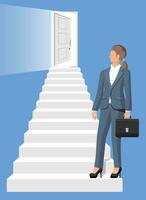 affärskvinna promenad upp trappa till de dörr. företag kvinna och trappa med dörr. ny möjligheter och företag tillväxt begrepp. karriär stege. steg förbi steg karriär byggnad. platt vektor illustration