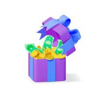 3d öffnen Geschenk Box voll von Gold Münzen und Dollar Banknoten isoliert. machen Geschenkbox und Kasse Geld. Konzept von Loyalität Programm, Kasino oder online Spiele Bonus. Geld Preis- belohnen. Vektor Illustration