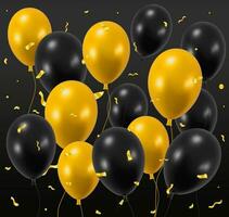 3d mörk skinande ballong glitter gräns bakgrund. framställa festlig helium metallisk baloons baner. guld och svart färger med gyllene konfetti . årsdag, födelsedag, öppning fest. vektor illustration