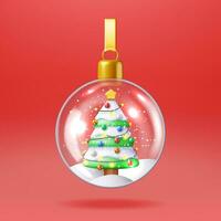 3d glas jul snö boll med träd isolerat. framställa sfär med gran träd. Lycklig ny år dekoration. glad jul Semester. ny år xmas firande. realistisk vektor illustration