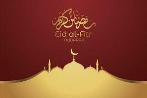 eid al-fitr mubarak hälsning kort med moské och arabicum text vektor