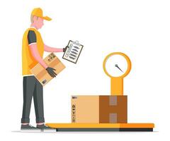 Warenhaus Arbeiter ist Wiegen das Ladung. industriell Waren Gewicht Waage. logistisch und Verteilung, Paket Paket, Karton Boxen. Rahmen mit Box isoliert auf Weiß. eben Vektor Illustration