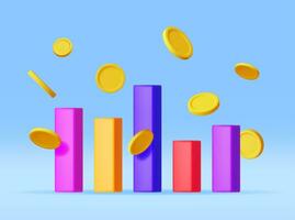 3d tillväxt stock diagram och mynt isolerat. framställa stock barer visar tillväxt eller Framgång med mynt. finansiell Artikel, företag investering, finansiell marknadsföra handel. pengar och bankverksamhet. vektor illustration