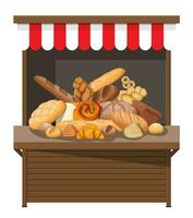bröd Produkter och marknadsföra bås. hela spannmål, vete och råg bröd, rostat bröd, pretzel, ciabatta, croissant, bagel, franska baguette, kanel bulle. vektor illustration i platt stil