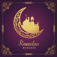 ramadan mubarak hälsning kort med halvmåne och moské på lila bakgrund vektor