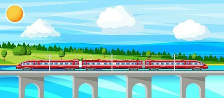 Skytrain und Landschaft mit Stadtbild. Super rationalisiert Zug. Passagier ausdrücken Eisenbahn Lokomotive. Einschienenbahn Eisenbahn Öffentlichkeit Transport. schnell Transport U-Bahn. eben Vektor Illustration