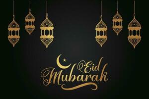 eid mubarak hälsning kort med guld och svart bakgrund vektor