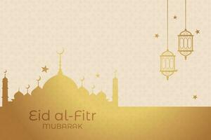 eid al-fitr mubarak hälsning kort med moské och arabicum text vektor