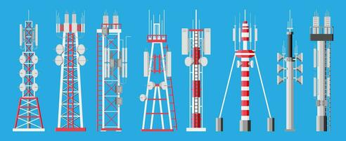 Getriebe zellular Turm Antenne. Netzwerk Übertragung Ausrüstung isoliert. Rundfunk, Internet, Fernsehen Zelle Bahnhof. 4g 5g. Satellit Kommunikation Antenne. eben Vektor Illustration