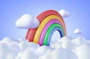 3d Karikatur Regenbogen mit Wolken Hintergrund. machen minimal Regenbogen im Wolke Kunst Element. Plastik Kinder Spielzeug. realistisch Kinder Dekoration. Vektor Illustration.