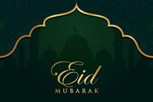 eid al-fitr mubarak hälsning kort med moské och arabicum text vektor