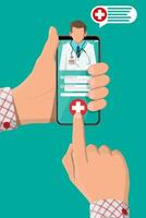 Handy, Mobiltelefon Telefon mit Internet Apotheke Einkaufen App. Tabletten und Flaschen, Medizin online. medizinisch Hilfe, Hilfe, Unterstützung online. Gesundheit Pflege Anwendung auf Smartphone. Vektor Illustration im eben Stil