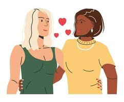 multietnisk lesbisk kvinna par isolerat. ung homosexuell par kramas innehav händer. två HBTQ kvinna människor omfamning och ser varje Övrig. HBTQ stolthet, kön identitet. platt vektor illustration