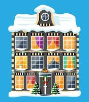 Stadt Haus bedeckt Schnee. Gebäude im Urlaub Ornament. Weihnachten Baum Fichte, Kranz. glücklich Neu Jahr Dekoration. fröhlich Weihnachten Urlaub. Neu Jahr und Weihnachten Feier. eben Vektor Illustration