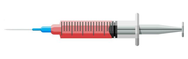 medizinisch Plastik Spritze mit rot flüssig. Injektion Spritze Nadeln. medizinisch Ausrüstung. Gesundheitspflege. Vektor Illustration im eben Stil