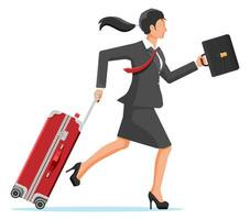 kvinna med resa väska. turist med resväska, portfölj, löpning till flygplats. affärskvinna med bagage isolerat. företag kvinna med bagage. företag flyg. platt vektor illustration