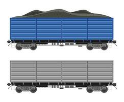 Fracht Eisenbahn Auto isoliert auf Weiß Hintergrund. Fracht Güterwagen Wagen mit Kohle. Flachwagen Teil von Ladung Zug. Eisenbahn Transport. eben Vektor Illustration