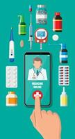 Handy, Mobiltelefon Telefon mit Internet Apotheke Einkaufen App. Tabletten und Flaschen, Medizin online. medizinisch Hilfe, Hilfe, Unterstützung online. Gesundheit Pflege Anwendung auf Smartphone. Vektor Illustration im eben Stil