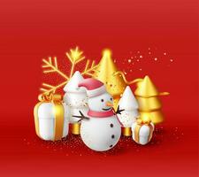 3d snögubbe med gåva lådor och guld jul träd. framställa Lycklig ny år dekoration baner. glad jul Semester. ny år och xmas firande. realistisk vektor illustration