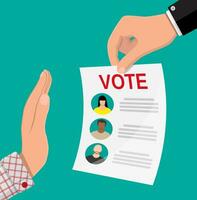 valsedel papper med kandidater. hand mot de rösta. förstörelse av val- dokument. kandidat mot Allt. vektor illustration i platt stil