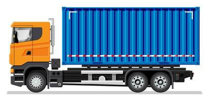 Container Fahrzeug isoliert auf Weiß Hintergrund. ausdrücken liefern Dienstleistungen kommerziell LKW. Konzept von schnell und kostenlos Lieferung durch Wagen. Ladung und Logistik. Karikatur eben Vektor Illustration