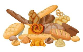 stor bröd ikoner uppsättning. hela spannmål, vete och råg bröd, rostat bröd, pretzel, ciabatta, croissant, bagel, franska baguette, kanel bulle. vektor illustration i platt stil