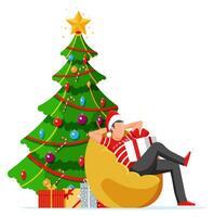man Sammanträde i böna väska innehav gåva låda. manlig karaktär med jul träd och närvarande. Lycklig ny år dekoration. glad jul Semester. ny år, xmas firande. platt vektor illustration