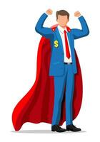 Superheld Geschäftsmann zeigt an Muskeln. Geschäft Mann im passen und rot Mantel. Tor Einstellung. Clever Ziel. Geschäft Ziel Konzept. Leistung und Erfolg. Vektor Illustration im eben Stil