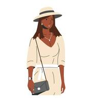 Frau im Sommer- Kleider und Hut isoliert. modern Mädchen im modisch beiläufig Outfit. glücklich weiblich Charakter tragen Mode Sommer- Kleid, Panama und Kupplung Tasche. Karikatur eben Vektor Illustration