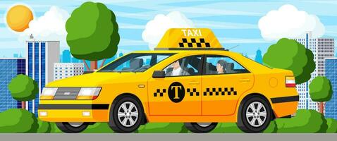 taxi bil med förare och stadsbild. gul taxi sedan cab ikon. ring upp eller app taxi begrepp. stad transport service. urban transport begrepp. tecknad serie platt vektor illustration