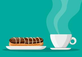 kaffe kopp och eclair kaka. kaffe varm dryck. begrepp för Kafé, restaurang, meny, desserter, bageri. frukost se. vektor illustration i platt stil