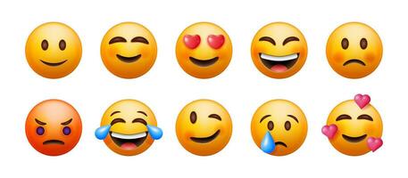 3d einstellen von Emoticons isoliert. runden Gelb Gesichter mit verschiedene Emotionen und Ausdruck. zerreißen Lächeln traurig Liebe glücklich unzufrieden mögen lol wütend zwinkern Lachen Emoji Charakter Sammlung. Vektor Illustration