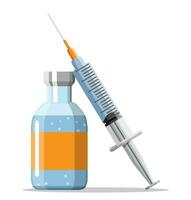 ampull och spruta med läkemedel. vaccination begrepp. injektion spruta nålar. medicinsk Utrustning. sjukvård, sjukhus och medicinsk diagnostik. vektor illustration i platt stil