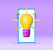 3d ljus Glödlampa på smartphone skärm. framställa tecknad serie gul aning Glödlampa ikon. glas glödlampa symbol. kreativ aning inspiration. brainstorming utveckling. företag lösning börja. vektor illustration