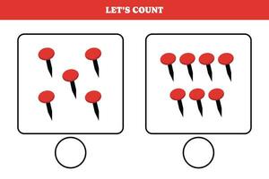 Zählen Spiel mit Reißzwecke. lehrreich Arbeitsblatt Design zum Vorschule, Kindergarten Studenten. Lernen Mathematik. Gehirn Teaser Spaß Aktivität zum Kinder. vektor