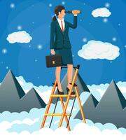affärskvinna med portfölj på stege ser för möjligheter i kikare. företag kvinna se upp till de mål. Framgång, prestation, företag syn karriär mål. platt vektor illustration