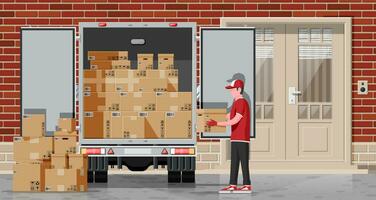 Lader entlädt das Waren von LKW. schnell und kostenlos Lieferung Bedienung im Stadt. Kurier mit Paket Kasten. männlich Beweger, Papier Karton Kisten mit Waren. Ladung und Logistik. Karikatur eben Vektor Illustration