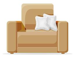 braun Sessel mit Weiß Kissen isoliert auf Weiß. Leben Zimmer Stuhl Möbel. dekoriert modern Innere Element. Innere Artikel zum entspannen und arbeiten. Karikatur eben Vektor Illustration