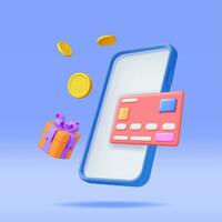 3d Geschenk Kasten, Bank Karte, Münzen im Smartphone isoliert. machen online Einkaufen Konzept. Empfang Überraschung Box online. Digital Kauf oder E-Commerce Konzept. Promo speichern, Geschenk Karte. Vektor Illustration