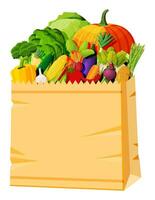 papper väska full av färsk grönsaker. jordbruk färsk mat, organisk lantbruk Produkter. höst skörda. lök, kål, peppar, pumpa, gurka, tomat och Övrig grönsaker. platt vektor illustration